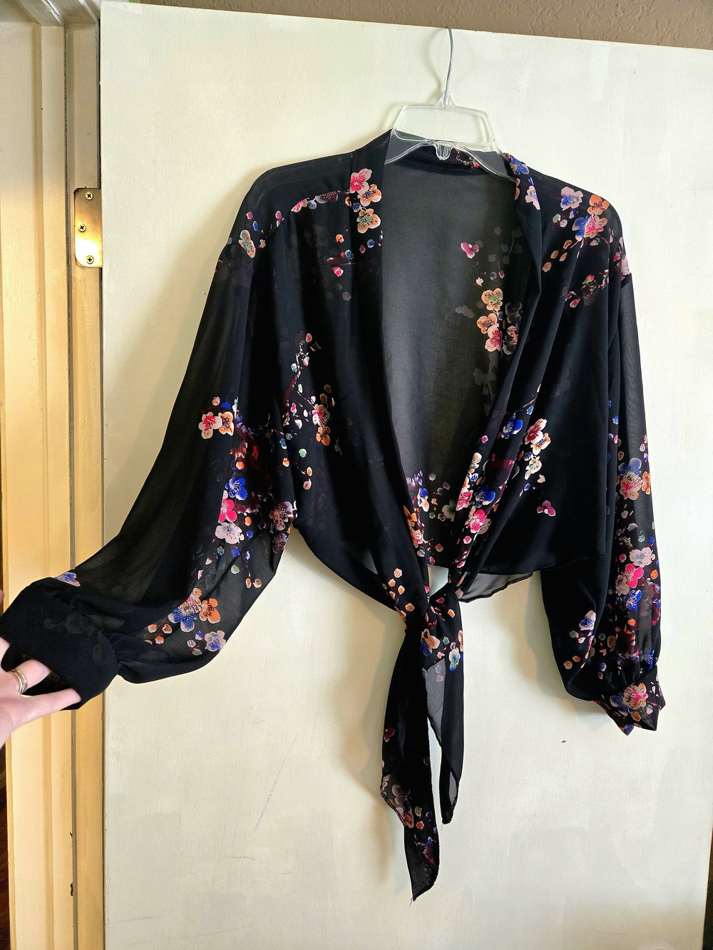 Black Floral Tie-Front Women's Top
